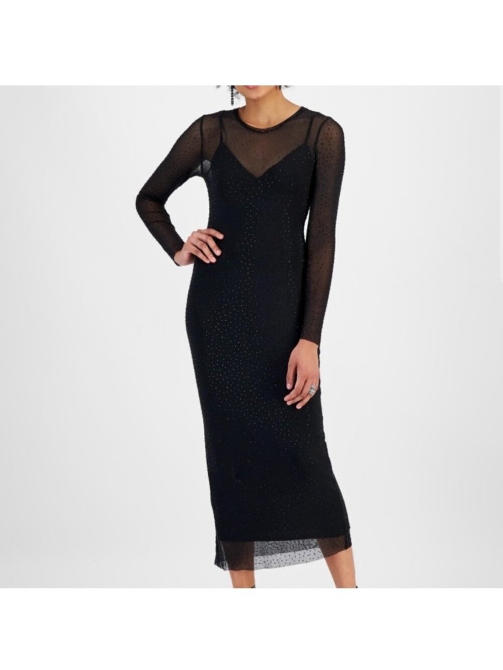 Studded Black Long Sleeve Sheer Midi Dress